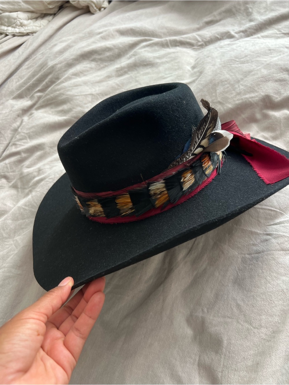 Black Felt Fedora Hat with Burgundy Band and Feather Trim